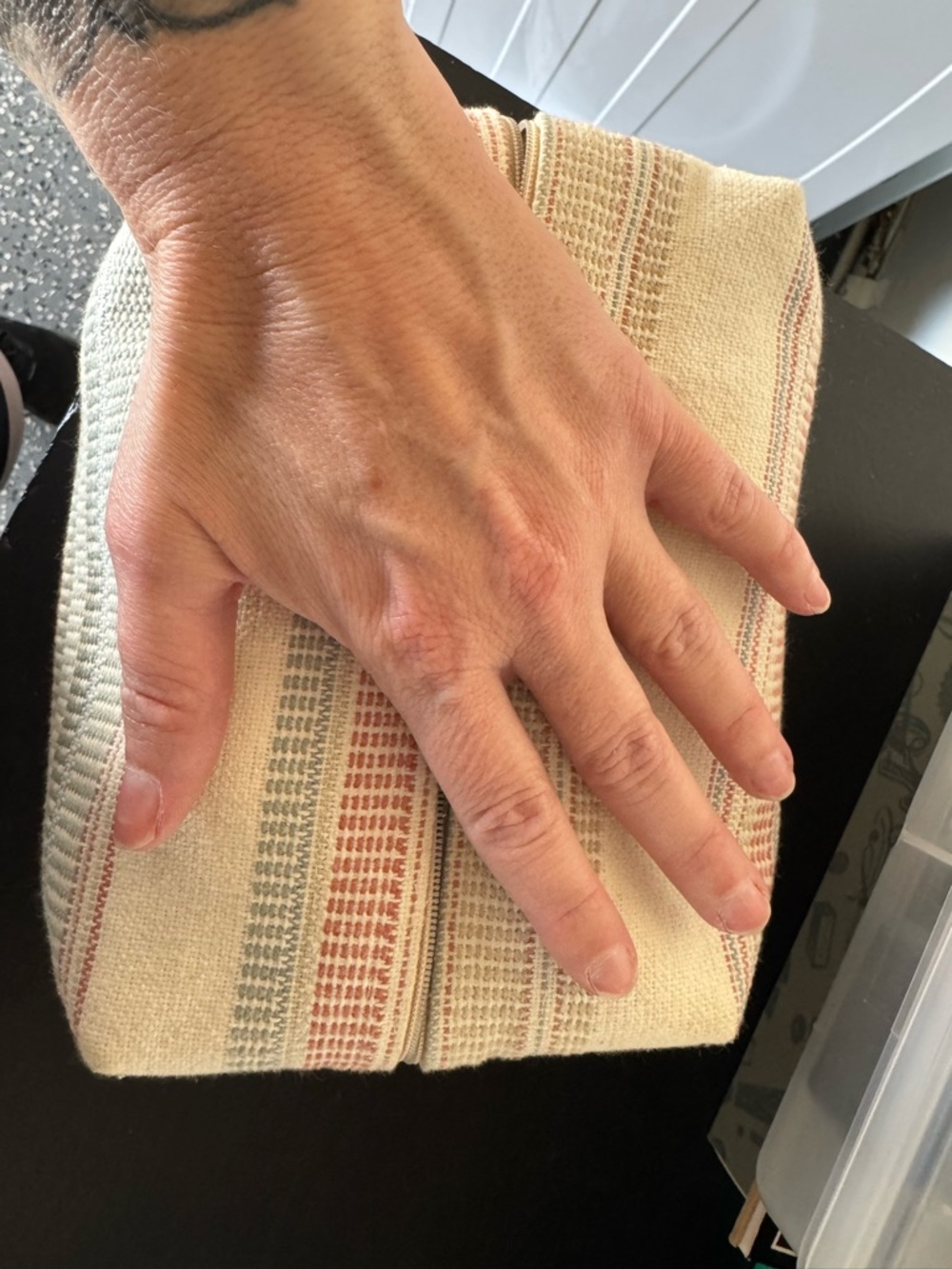 Cream Striped Woven Clutch - Subtle Red & Gray Stripes